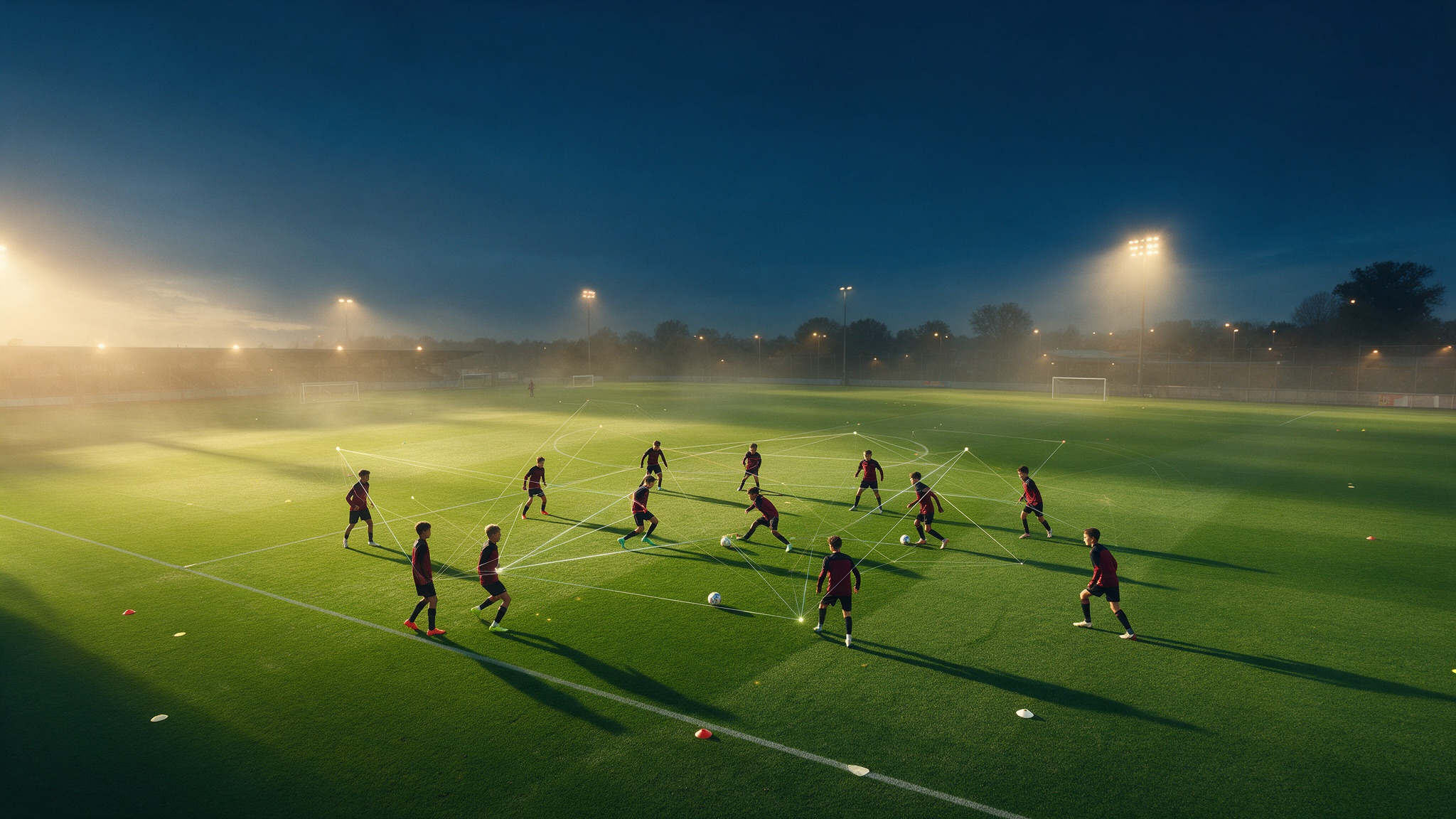 Youth soccer academy training session at dusk