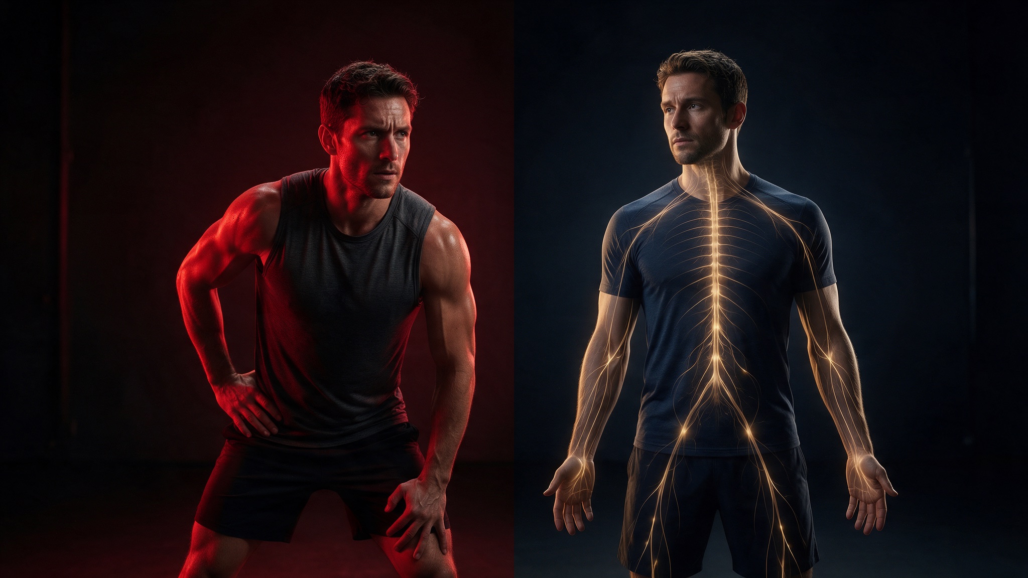 Diptych of an athlete tense under red light beside the same athlete calm under a regulated nervous-system glow