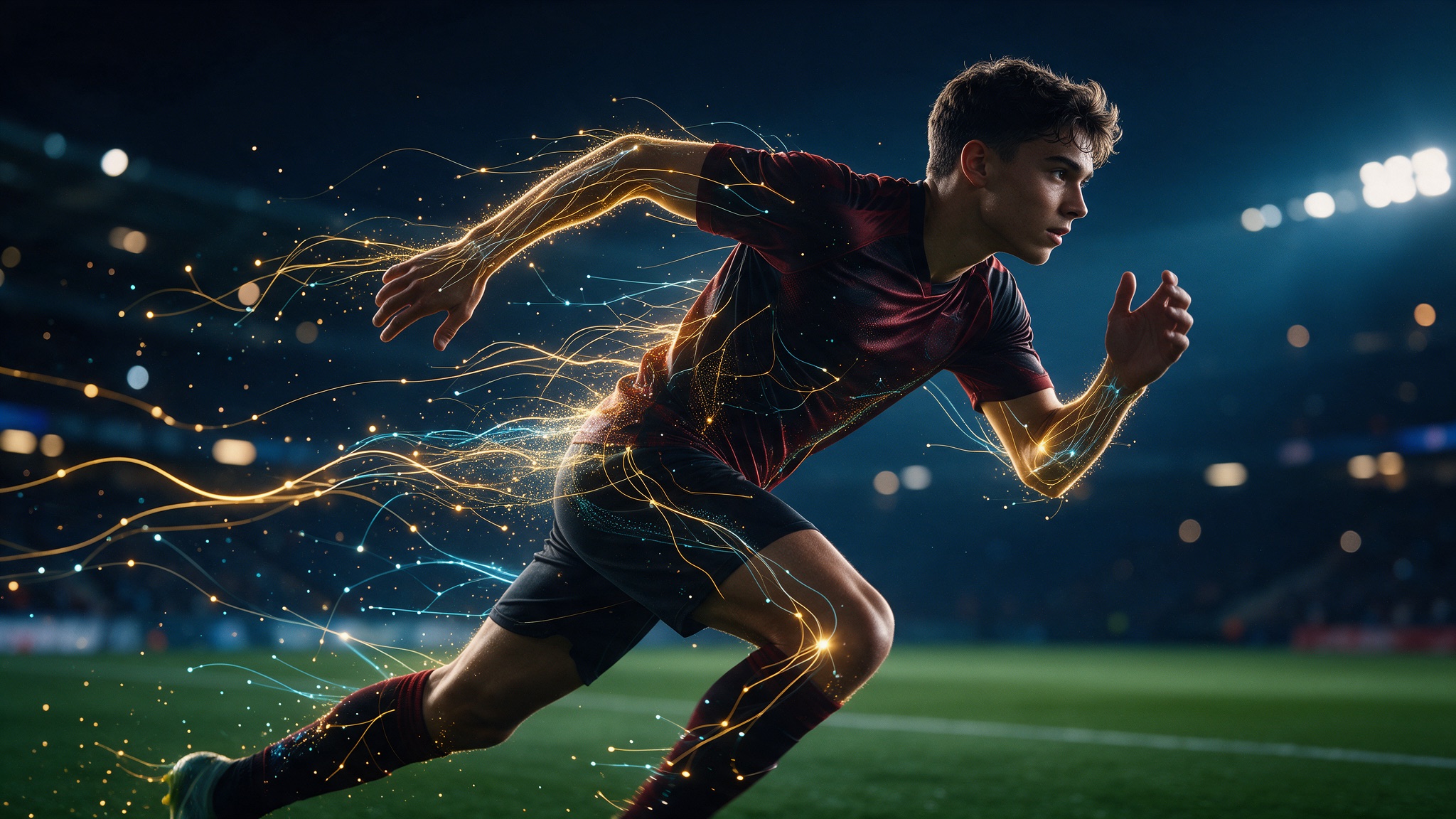 Athlete sprinting with a golden neural data trail, symbolizing growth across sports
