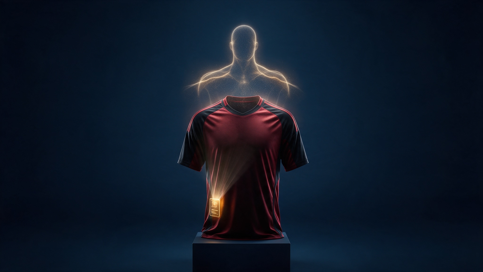 Capelli jersey on a dark pedestal with a glowing digital MB8 tag