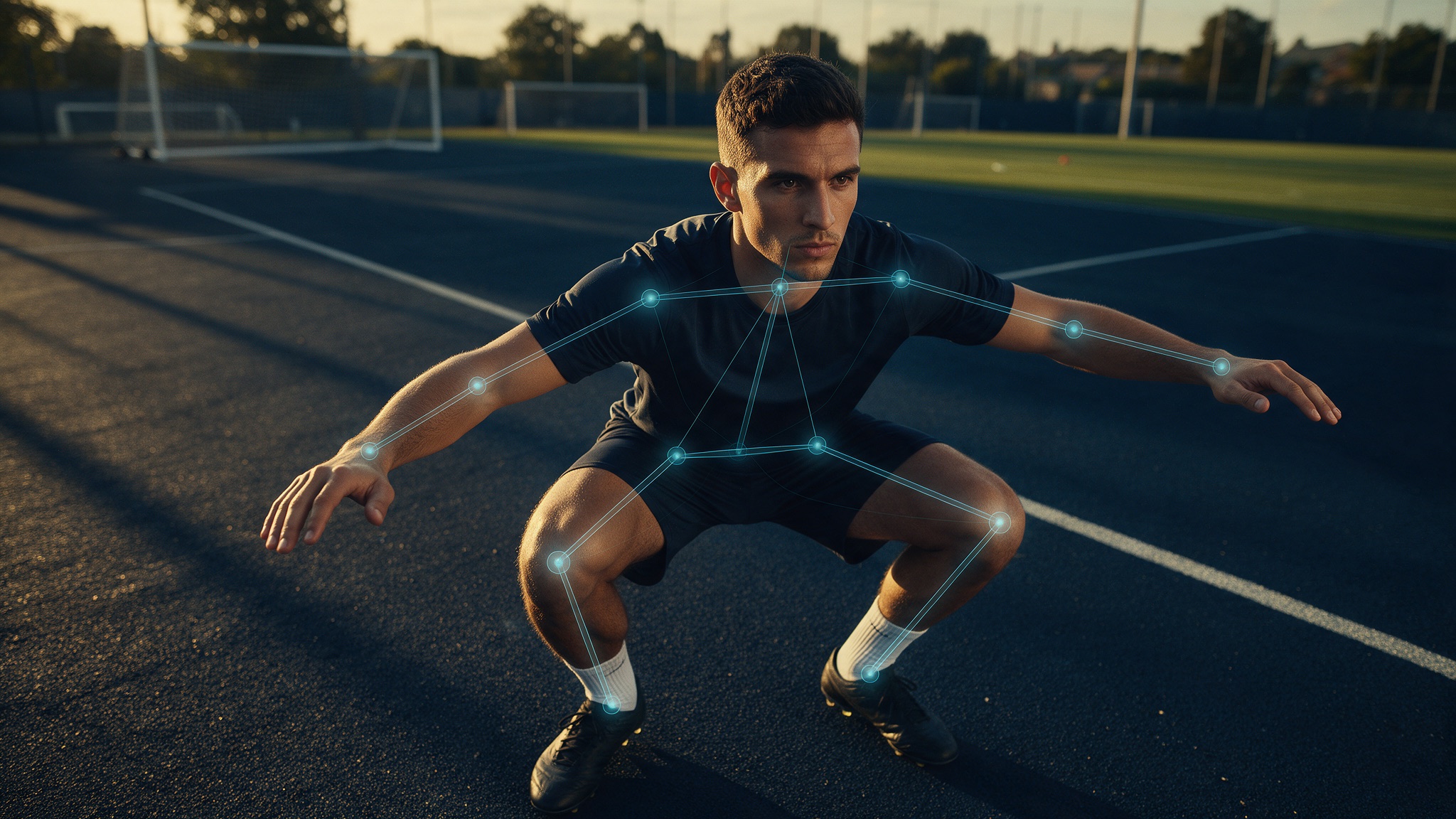 Computer-vision skeletal tracking overlay on an athlete performing a squat