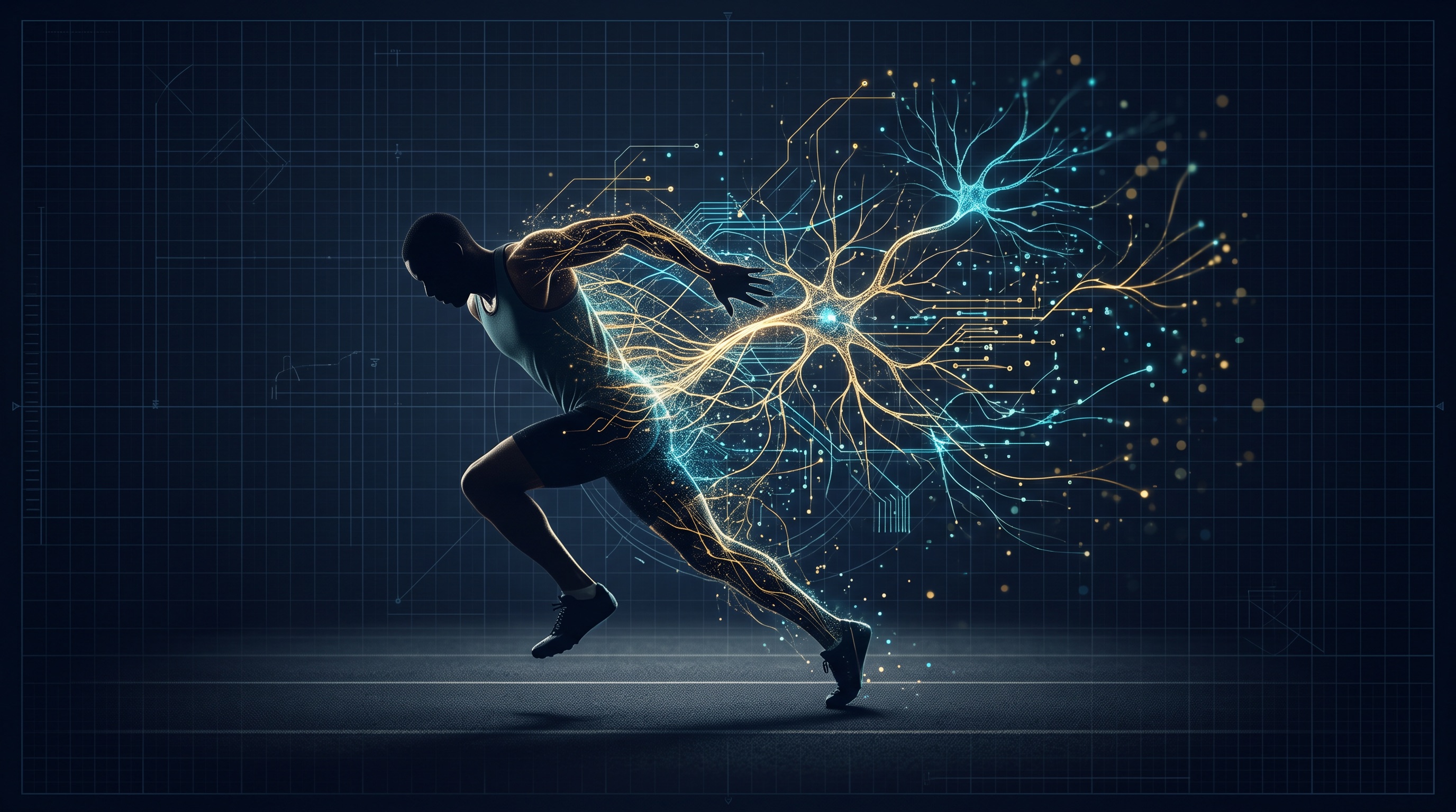 Athlete in motion with a glowing neurological data overlay