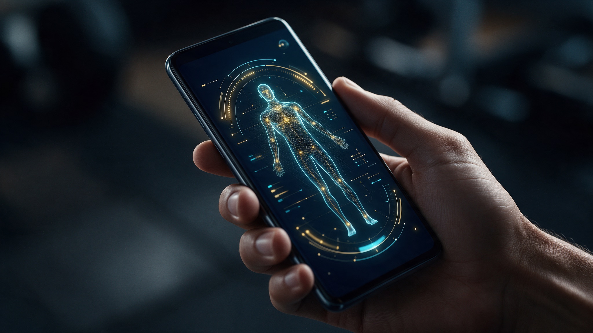 Hand holding a phone displaying a glowing MB8 dashboard interface