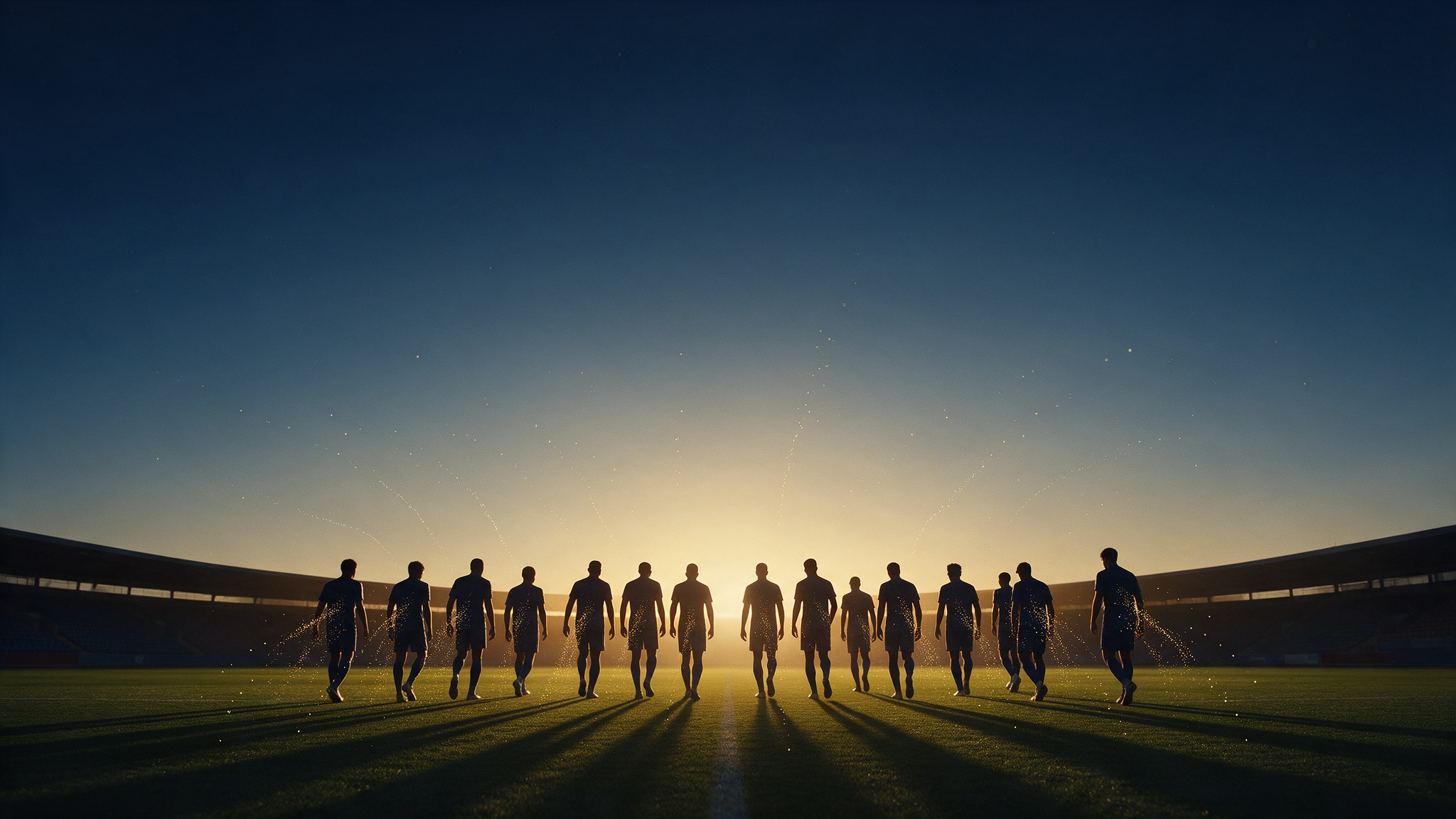 Soccer team walking off the pitch into golden-hour light